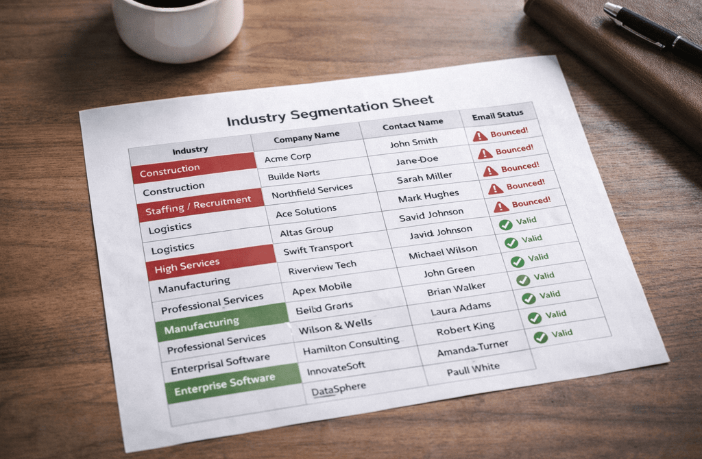 Industry segmentation sheet highlighting high email bounce rates