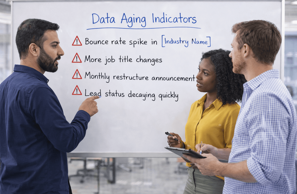 team reviewing industry data aging indicators on whiteboard