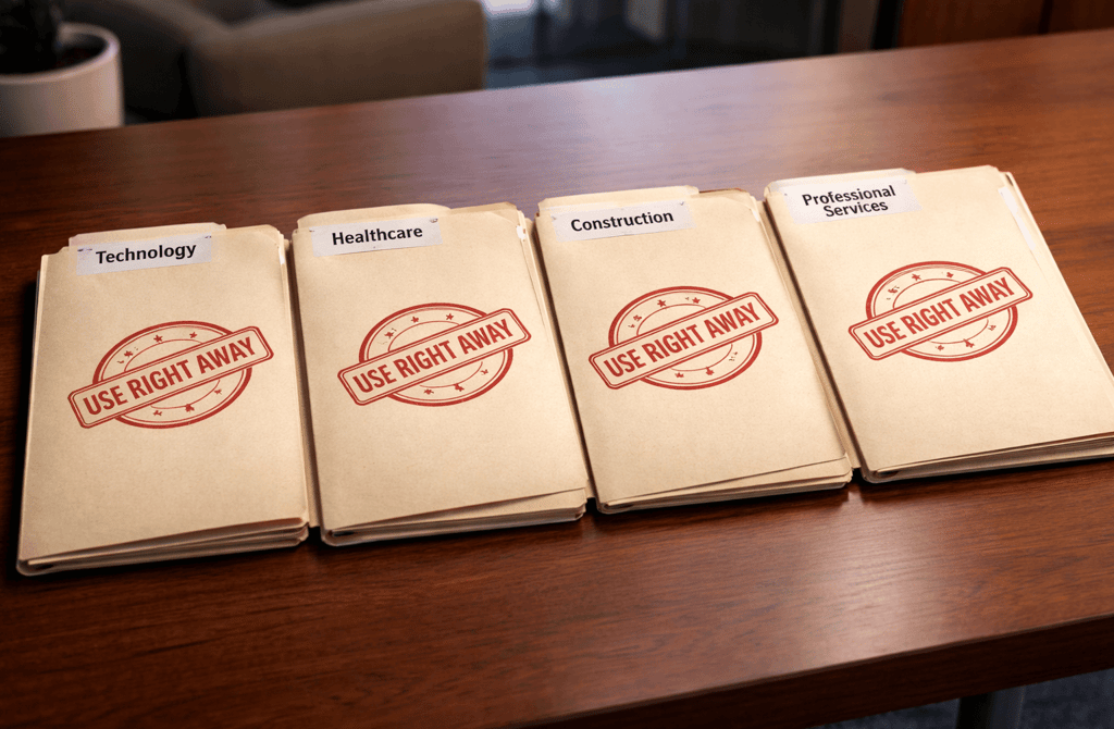 Industry-labeled folders stamped “use right away” on an office table