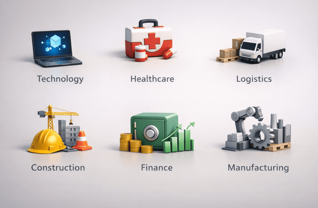 3D icons representing data reliability across B2B industry segments