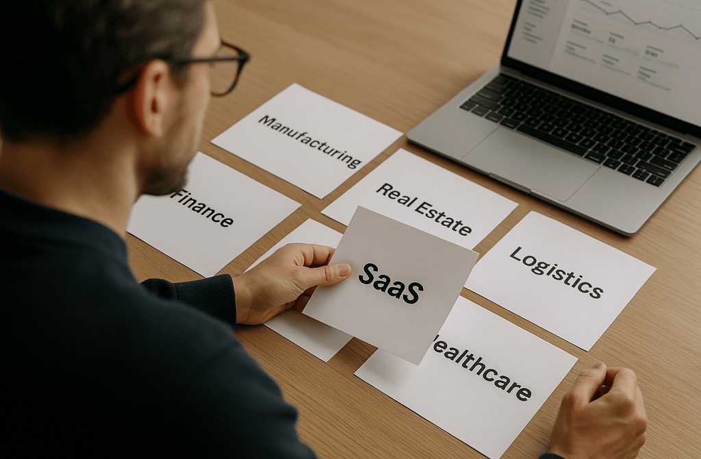 Founder choosing industry-labeled papers on a desk.