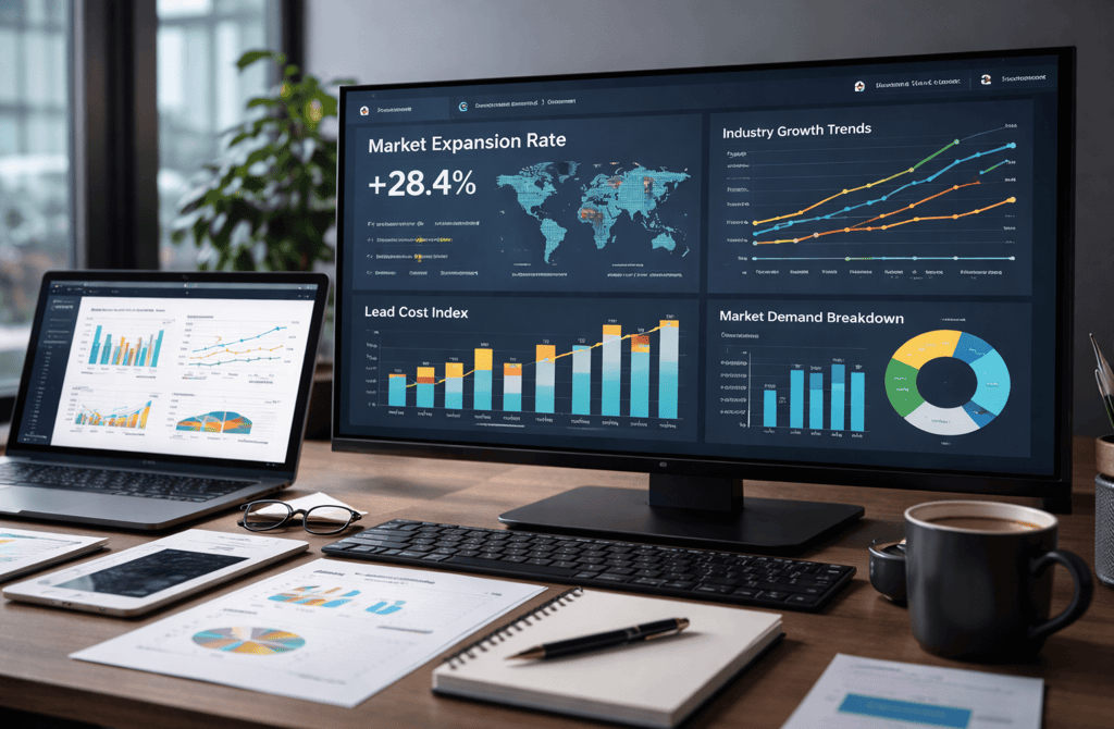 Market growth and lead cost analytics dashboard on office monitor