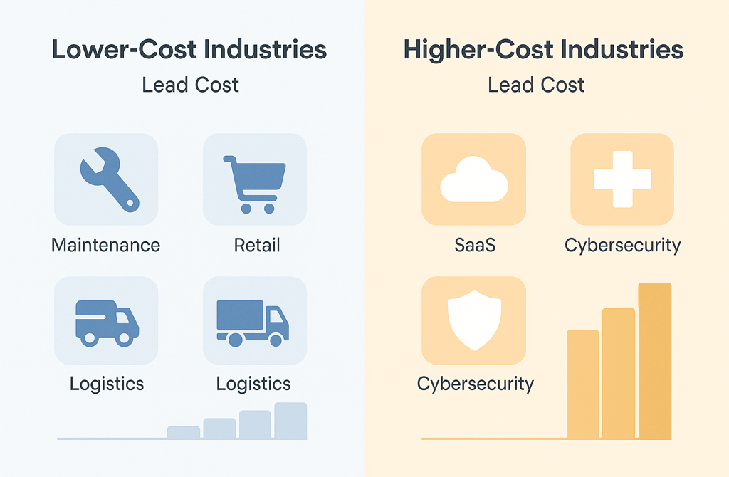 infographic comparing lower-cost and higher-cost industries with icons and bar charts