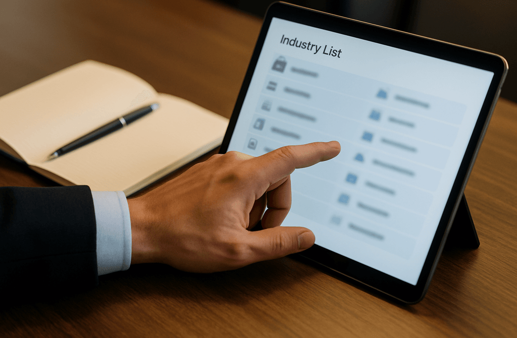 Hand selecting an industry on a tablet.