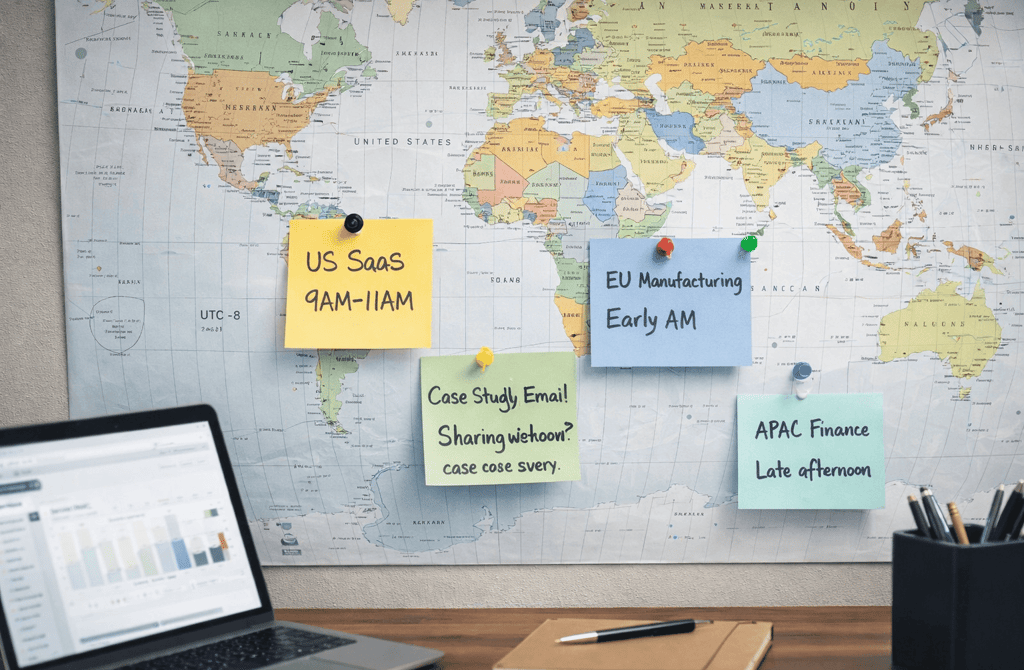 world map with sticky notes showing outreach timing by region