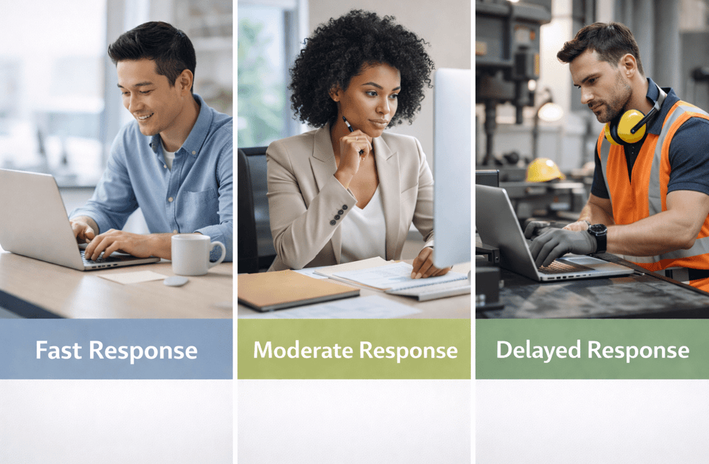 Three-panel image showing fast, moderate, and slow reply speeds across industries