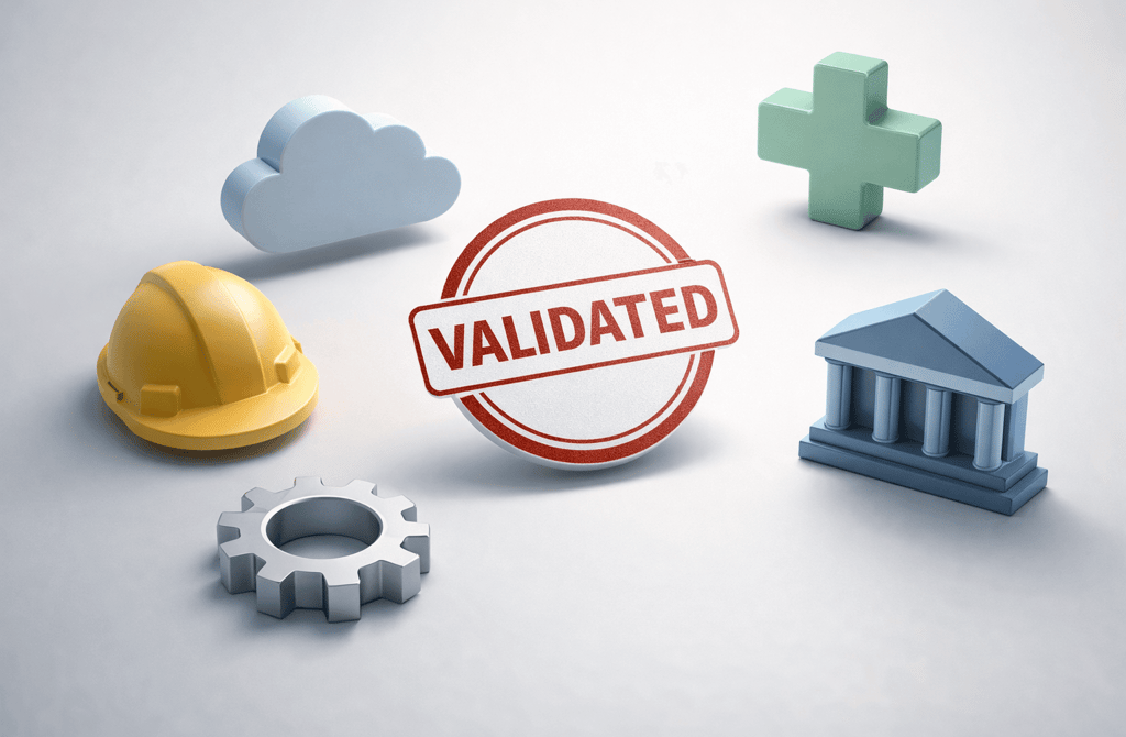 3D industry icons with a central validation stamp