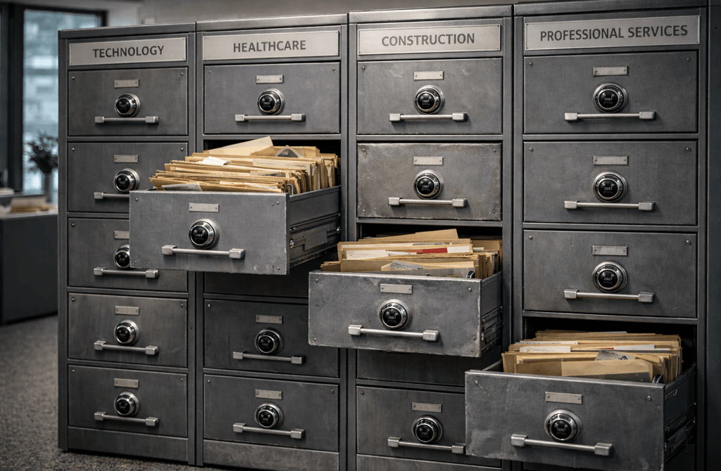 Steel filing cabinets showing industry-based data organization differences