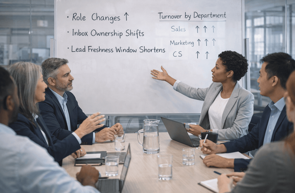 Team discussing industry turnover and lead freshness