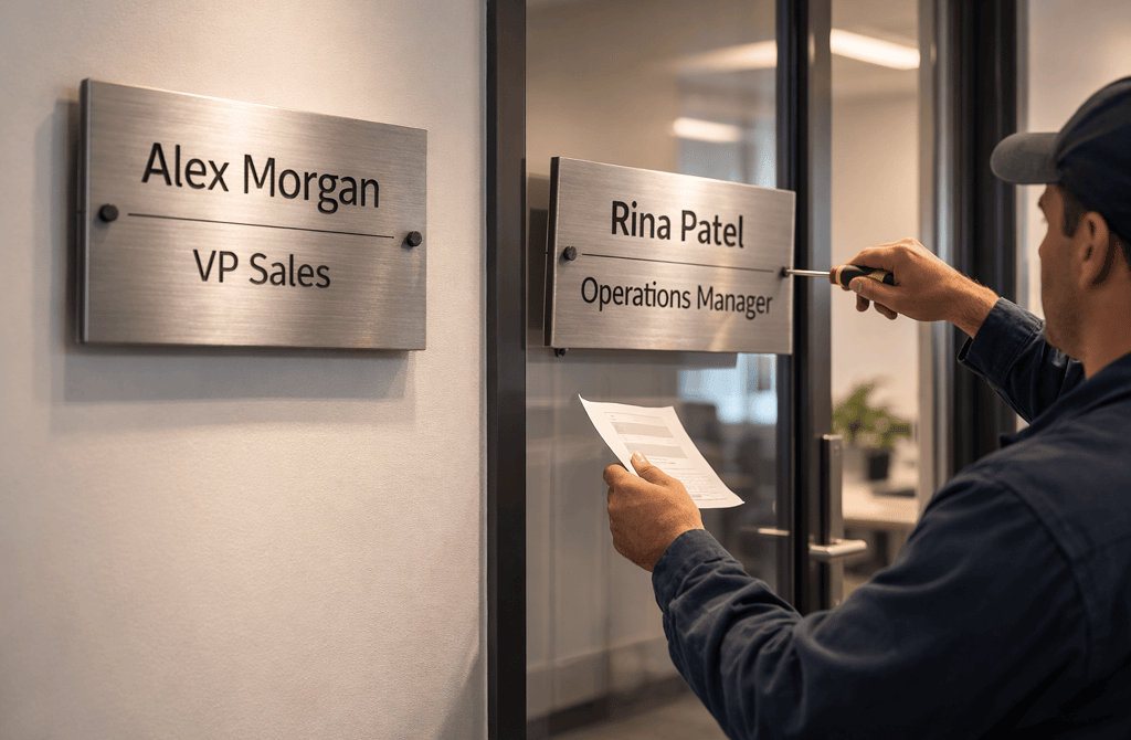 Office nameplate being replaced to show role turnover