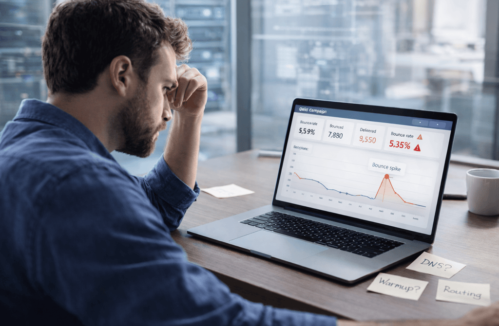 Founder reviewing rising bounce rates on a cold email campaign dashboard