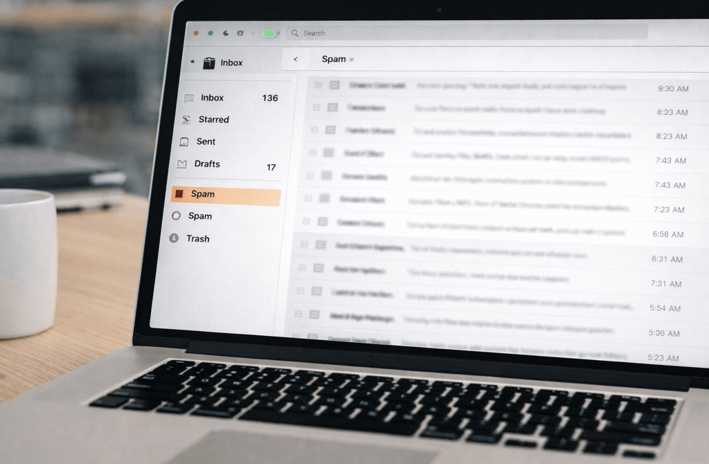 Email spam folder highlighted on a laptop screen in an office setting
