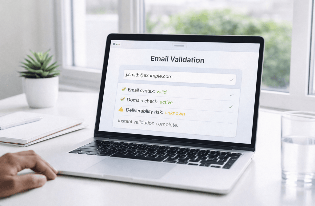 instant email validation tool on laptop showing deliverability risk