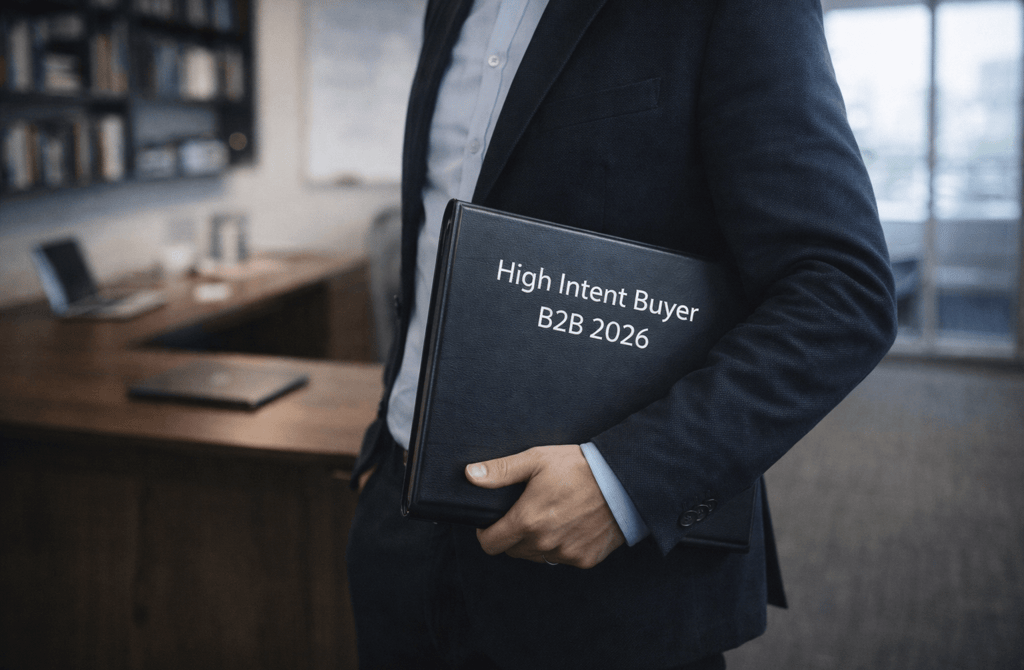 Founder holding binder labeled High Intent Buyer B2B 2026 in office.