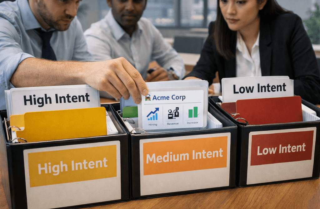 Team sorting company cards into binders labeled high, medium, and low intent