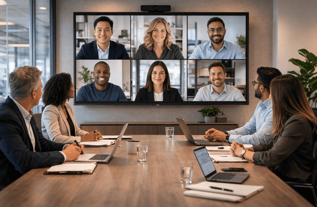 Global boardroom team in video meeting with international executives on screen