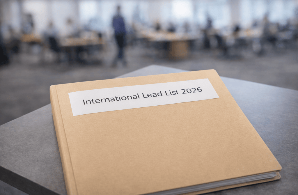 Binder labeled International Lead List 2026 on office table