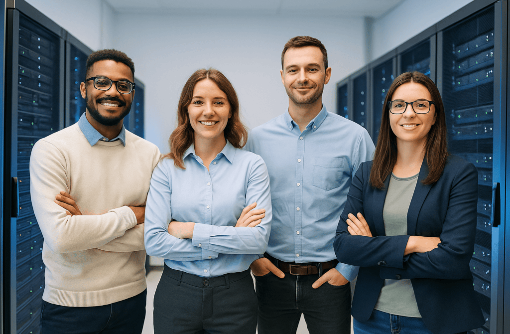 IT team standing together in a bright modern server room.