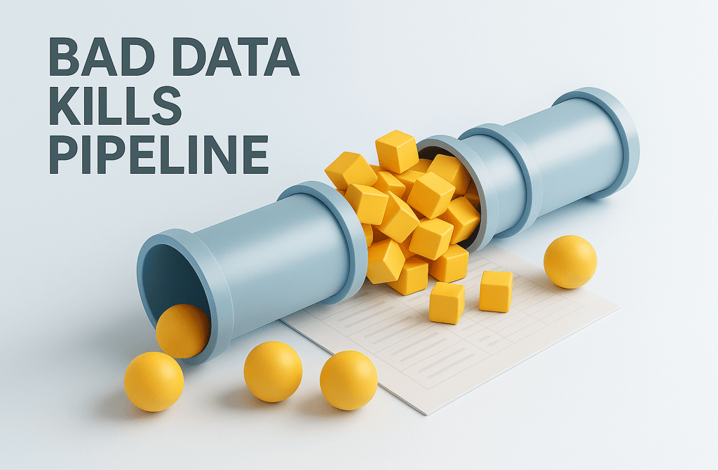 3D pipeline jammed with bad data cubes and text saying Bad Data Kills Sales Pipeline.