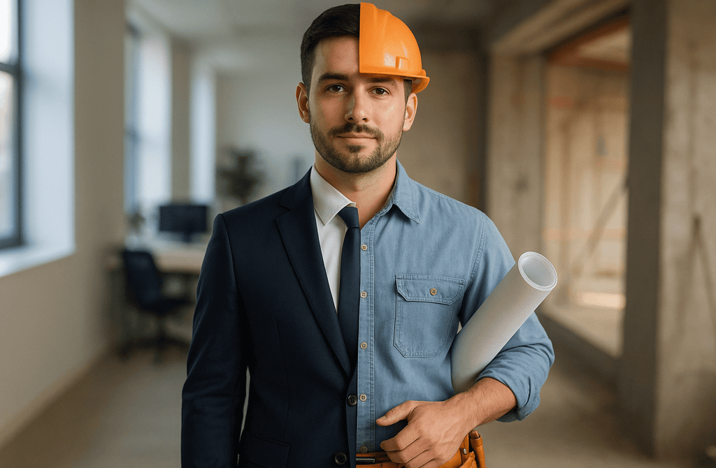 Person split between office suit and architect gear to show a job change transition
