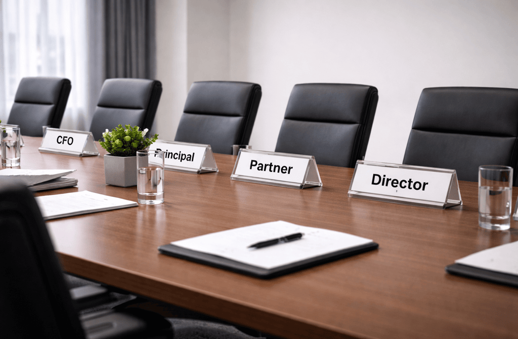 Meeting room with nameplates showing different job seniority