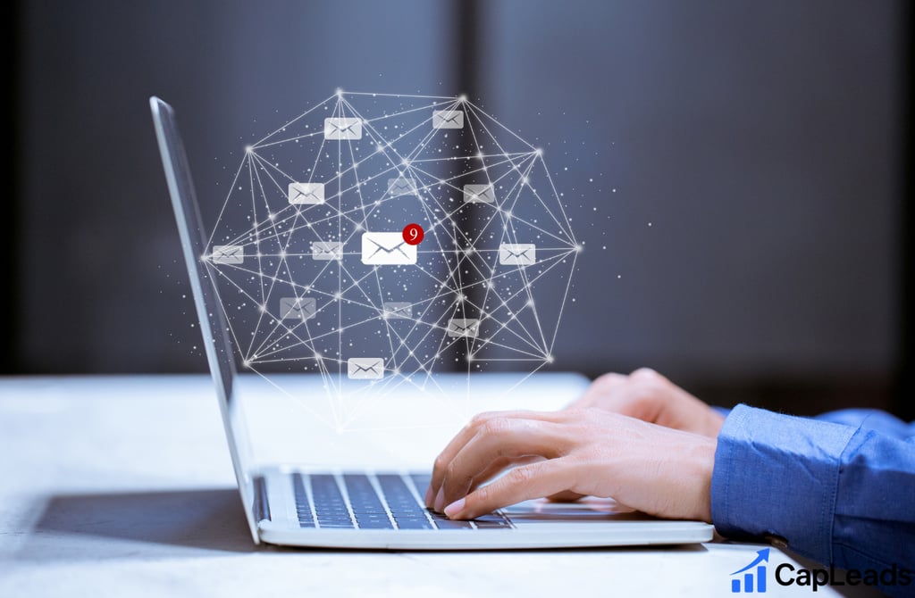 Laptop on the table with image representation of email marketing