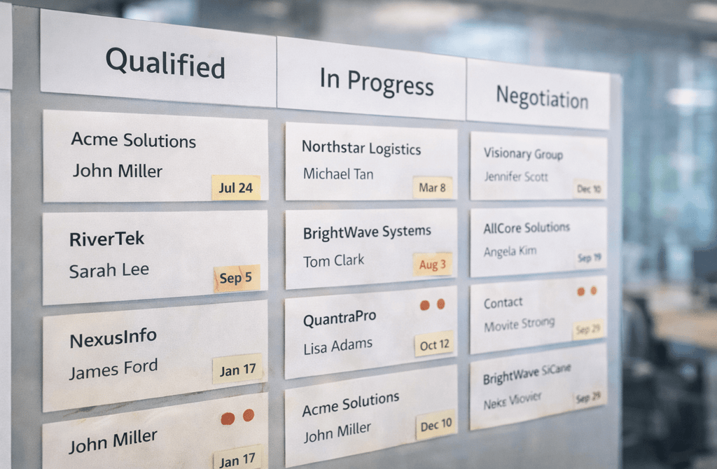 Sales pipeline kanban board with aging deal cards