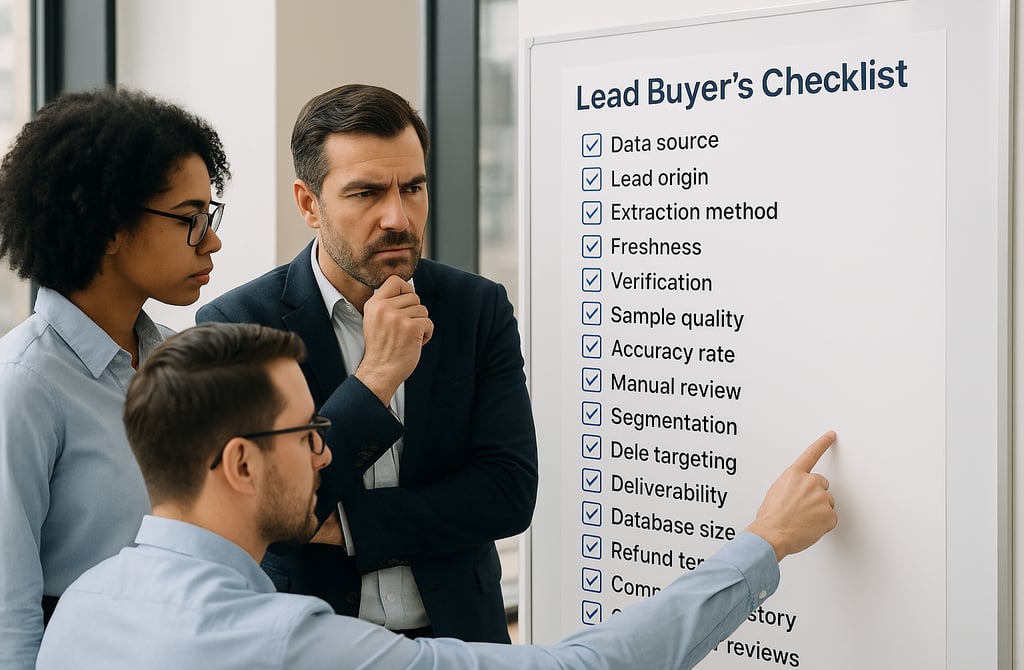 Team reviewing a lead buyer’s checklist on a board before purchasing B2B leads