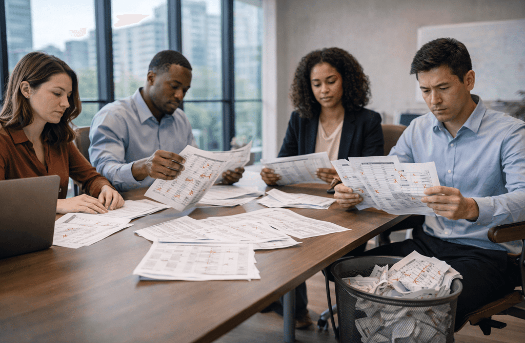 SDR team reviewing outdated B2B lead lists and discarding unusable pages