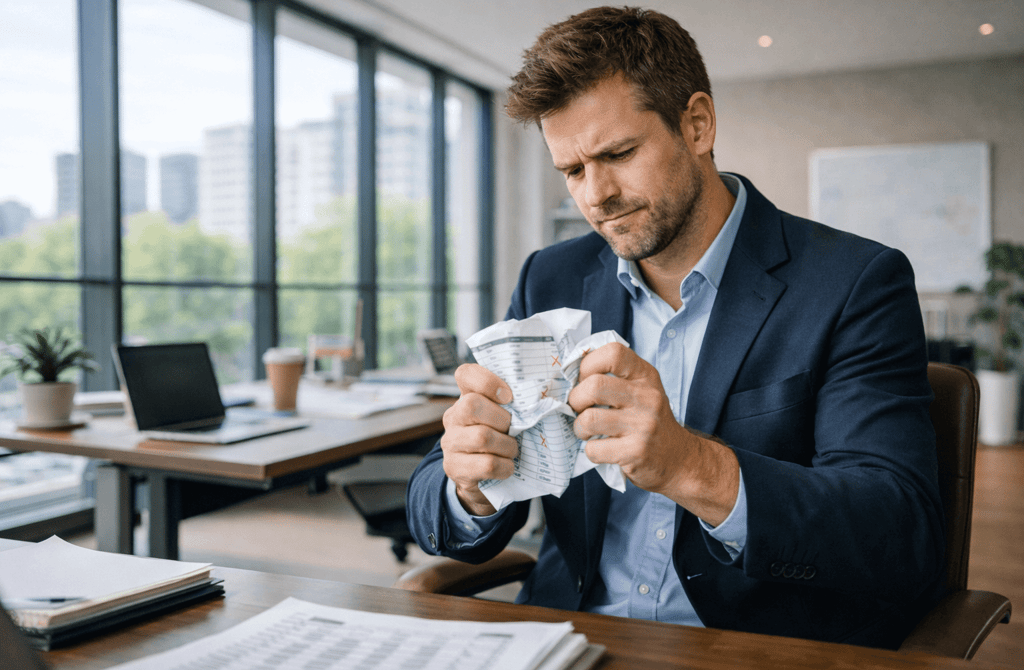 Founder reviewing and crumpling an outdated B2B lead list in a modern office