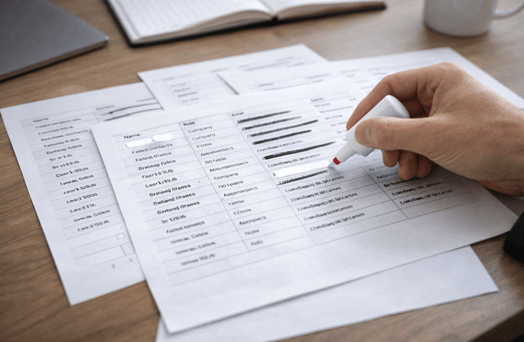 Founder reviewing a B2B lead list and crossing out failed contacts