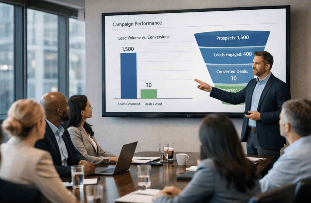 boardroom presentation showing low conversion from many leads