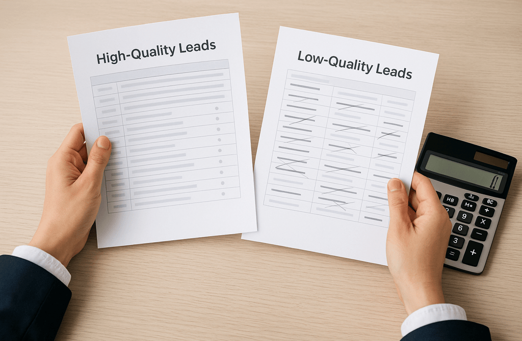 Founder reviewing lead sheets with a calculator.