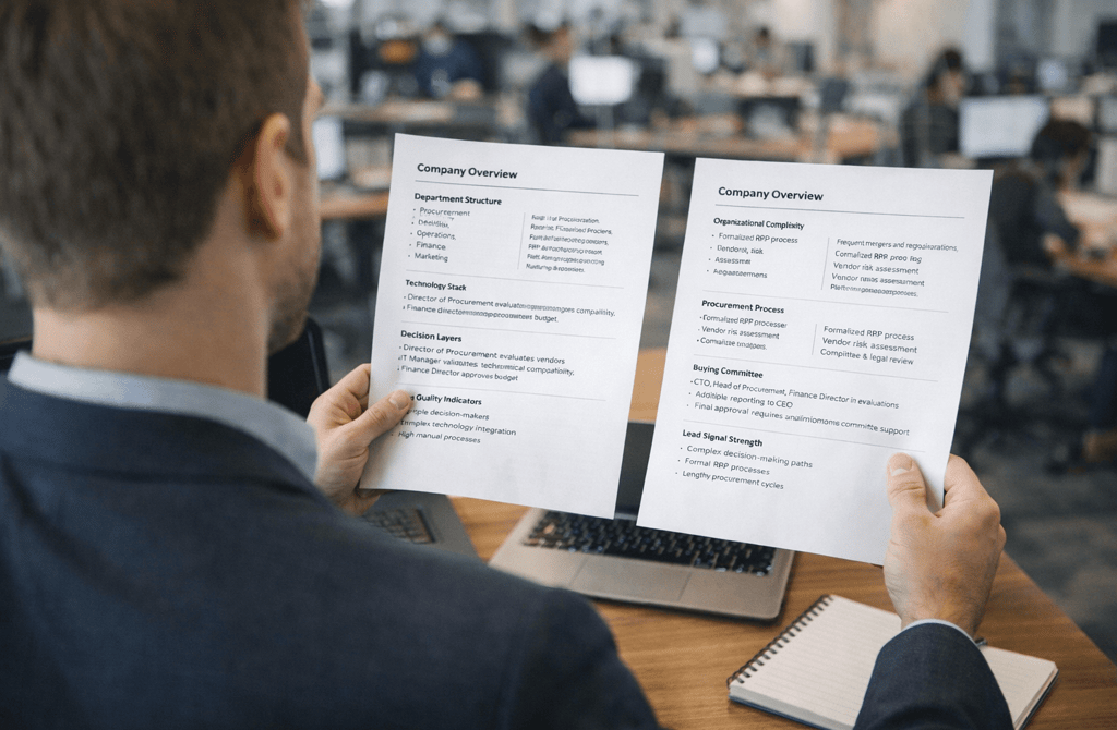 Founder comparing company lead quality profiles at desk