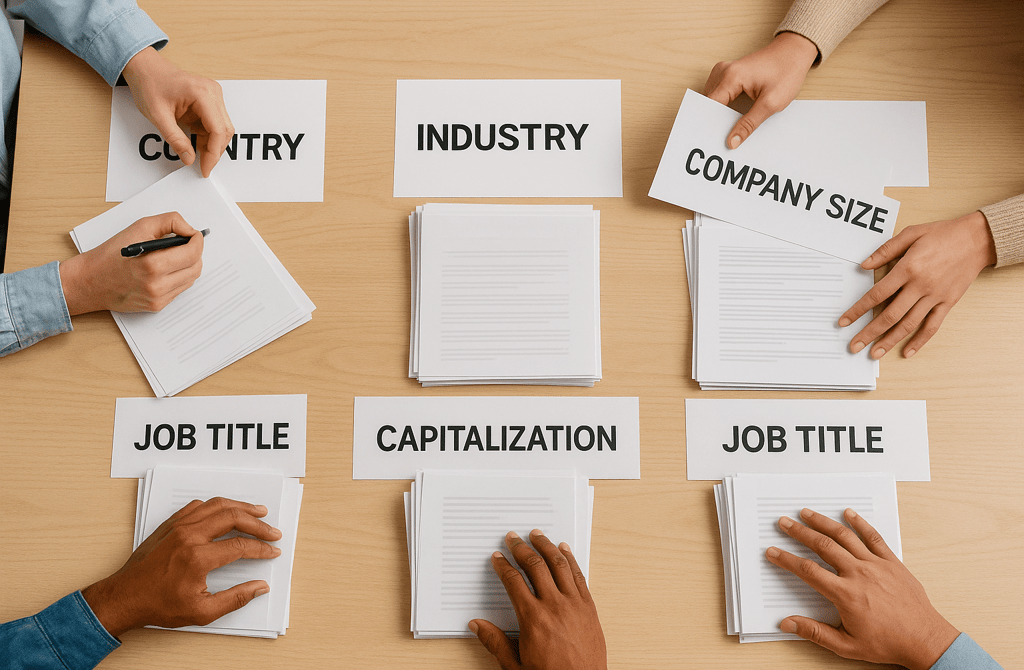 Team sorting lead data into labeled piles for industry, country, capitalization, and job title.