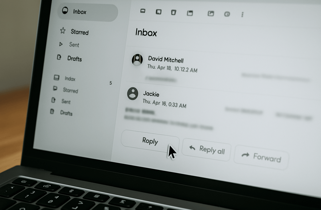 Close-up of an email dashboard with a reply button being clicked on a laptop screen
