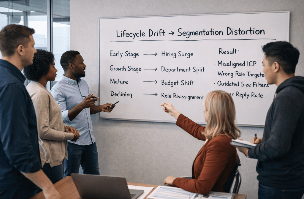 Diverse SDR team reviewing lifecycle drift segmentation on whiteboard