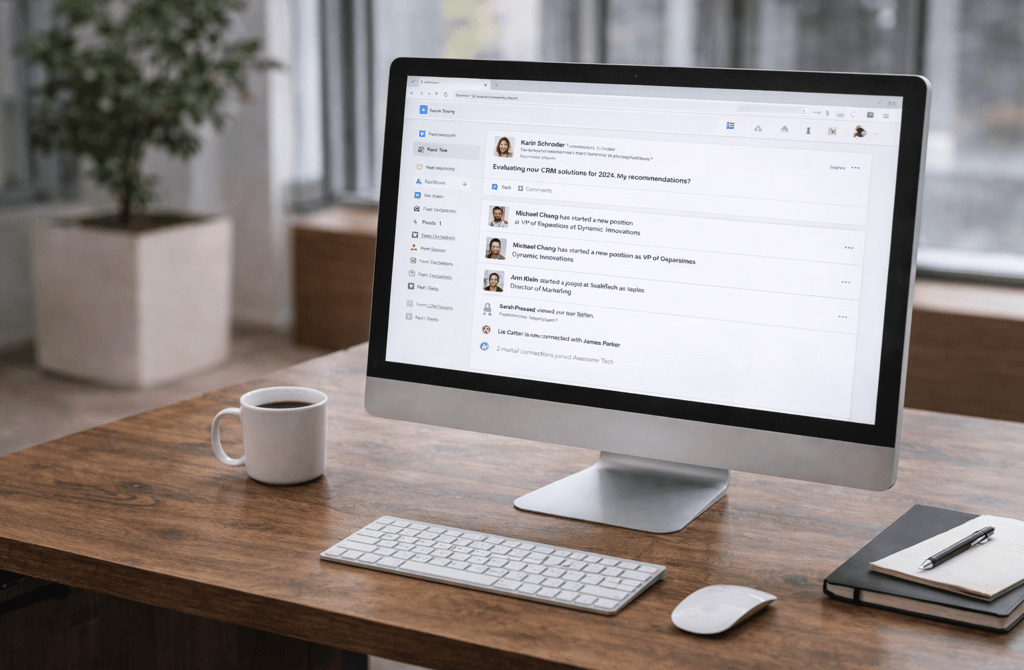 desktop showing professional activity feed on screen