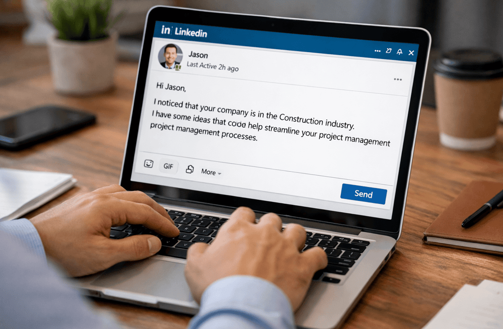 LinkedIn outreach message being typed on laptop