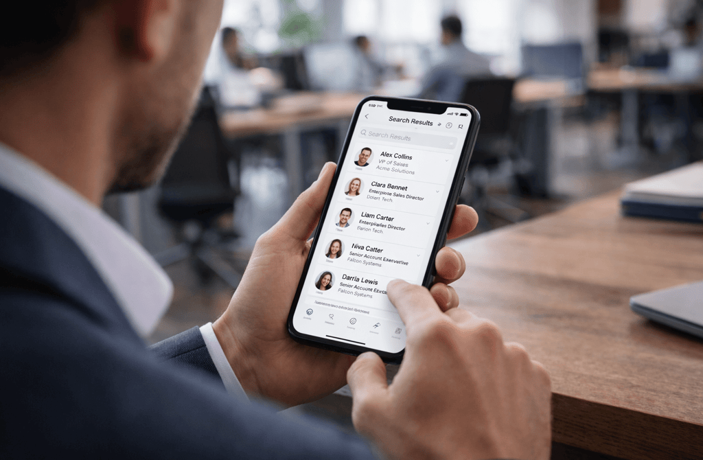Founder reviewing professional profile search results on a smartphone