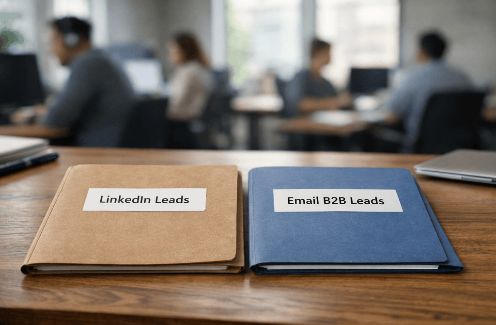 LinkedIn and email B2B lead folders on a founder’s desk in a modern office