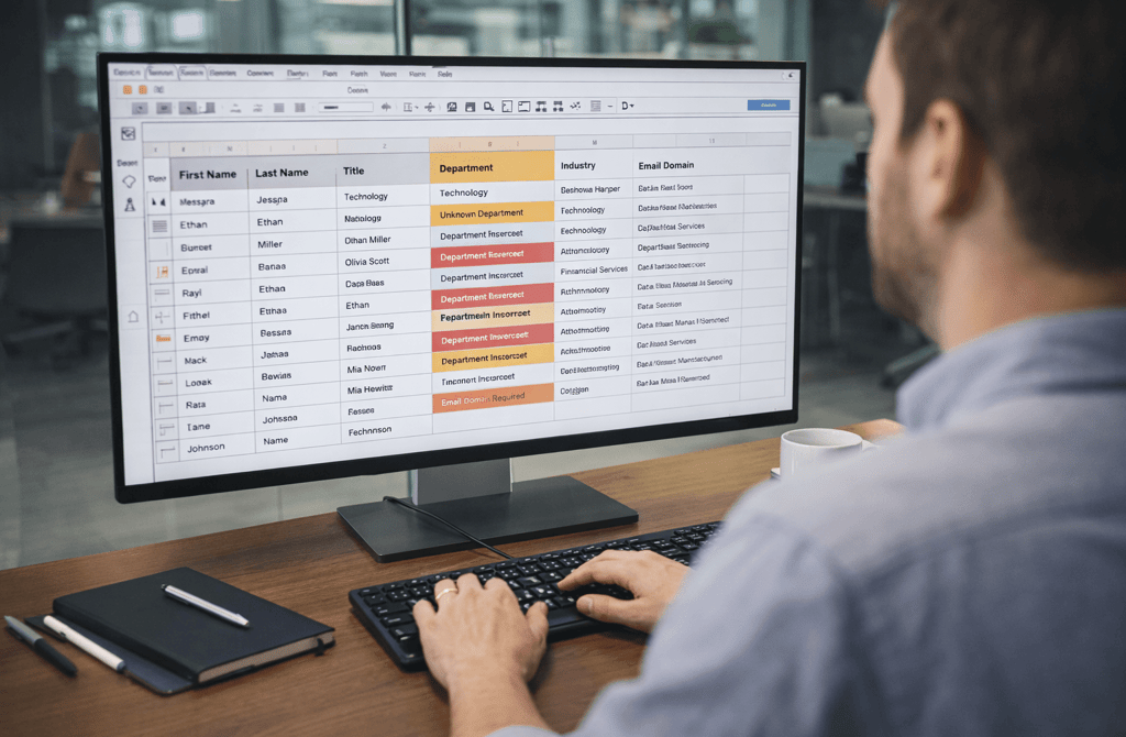 Analyst reviewing metadata fields for LLM data validation on monitor