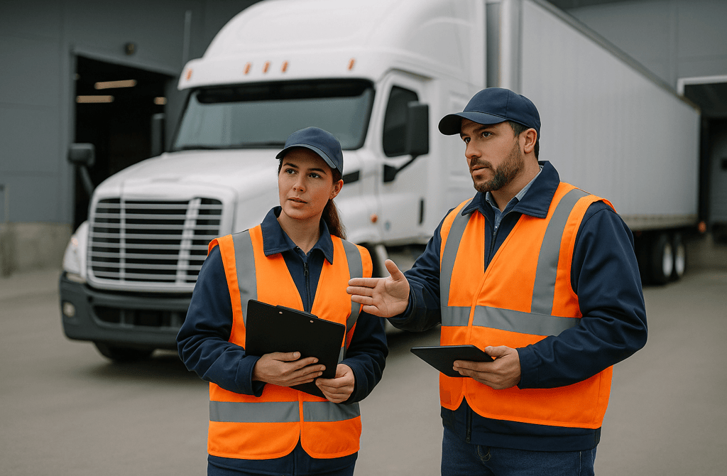 Logistics staff discussing operations in front of a large cargo truck