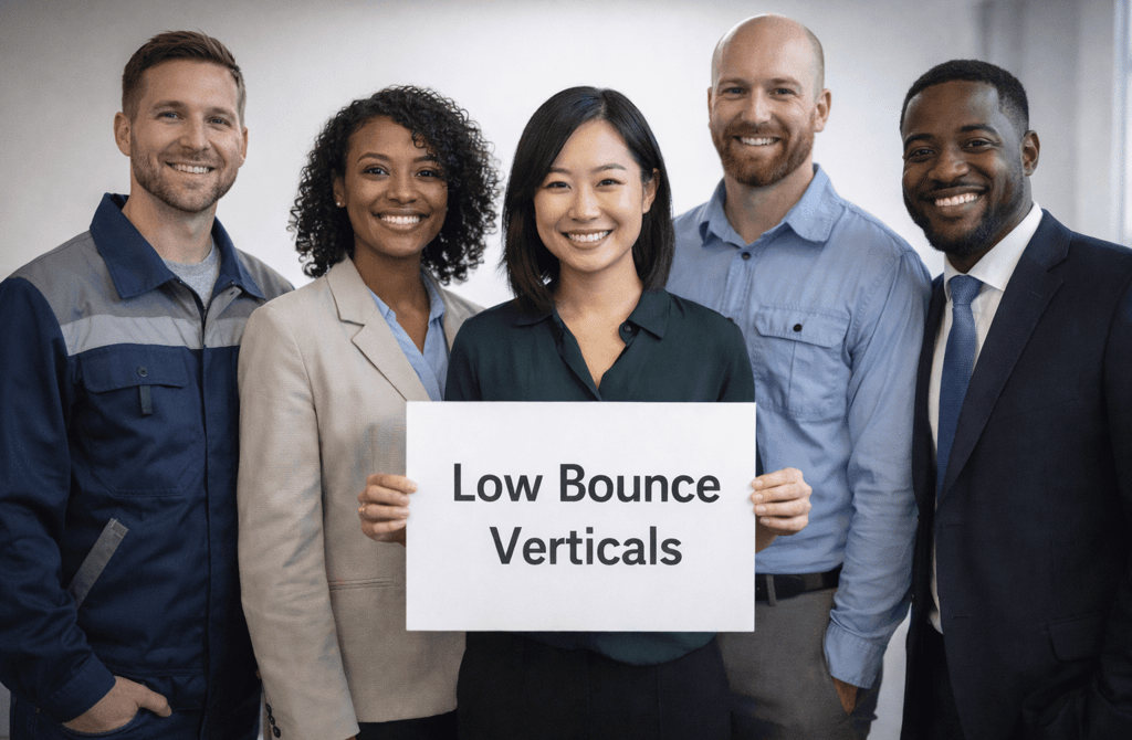 Professionals from low bounce industries holding a Low Bounce Verticals sign