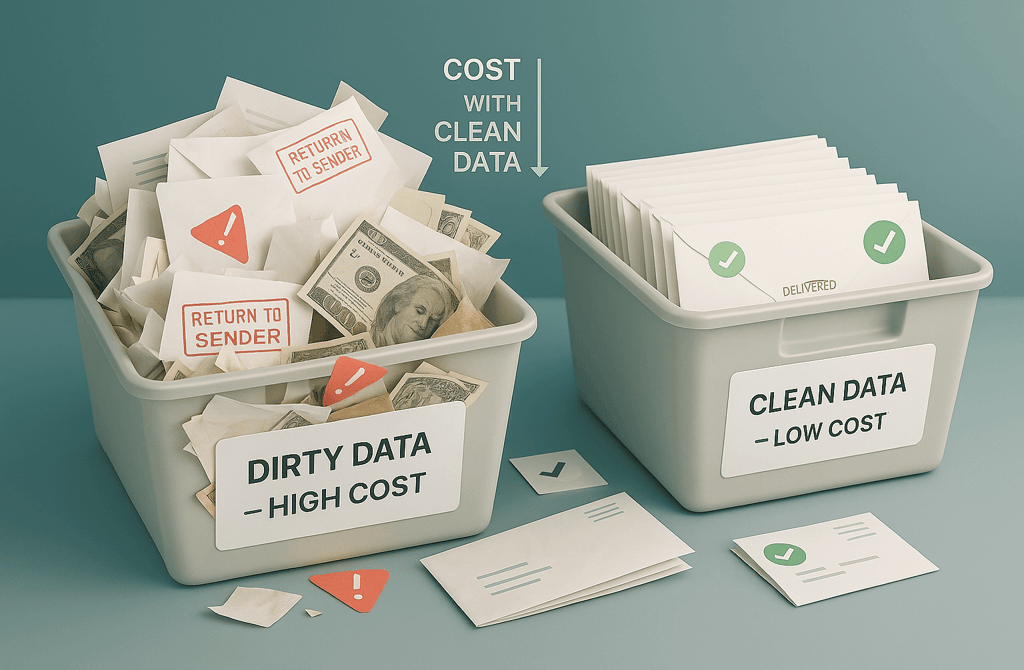 mailing bins showing dirty data vs clean data costs