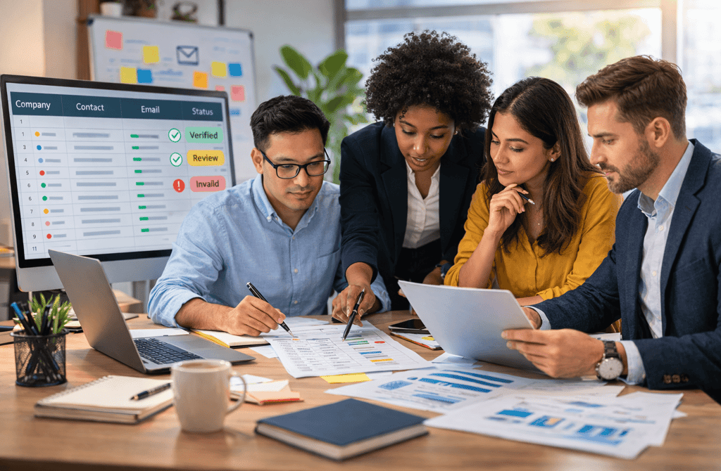diverse team manually reviewing B2B lead data before outreach
