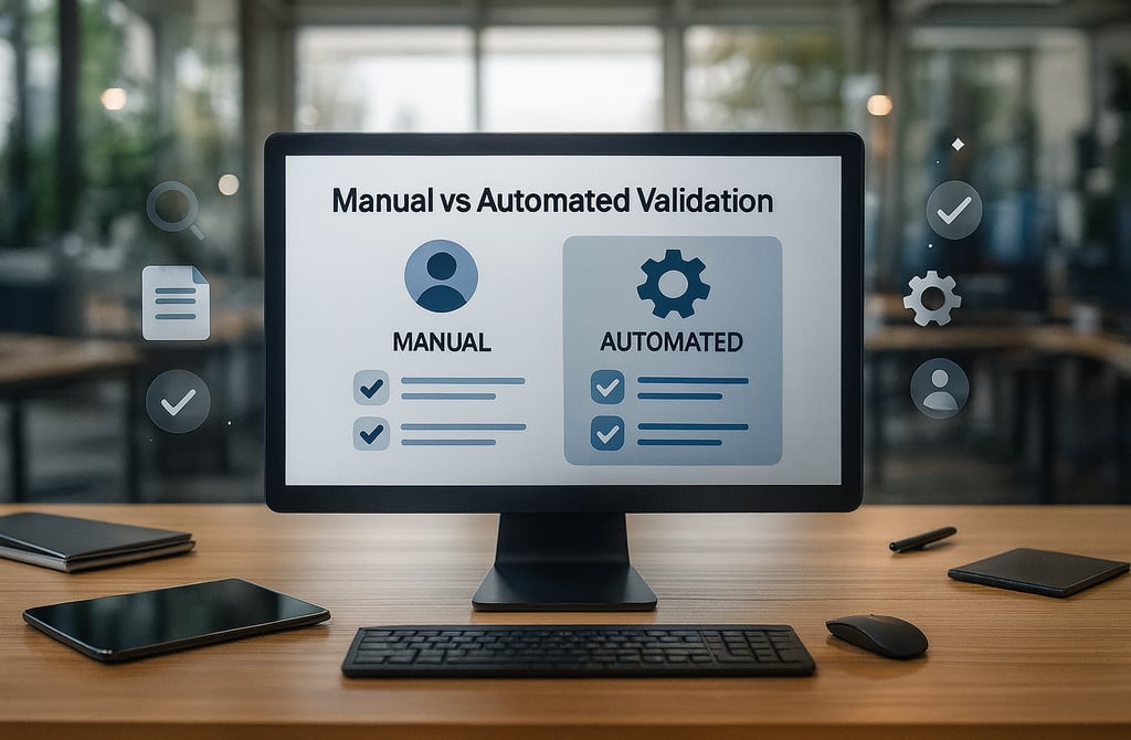 Real office monitor showing manual vs automated validation comparison