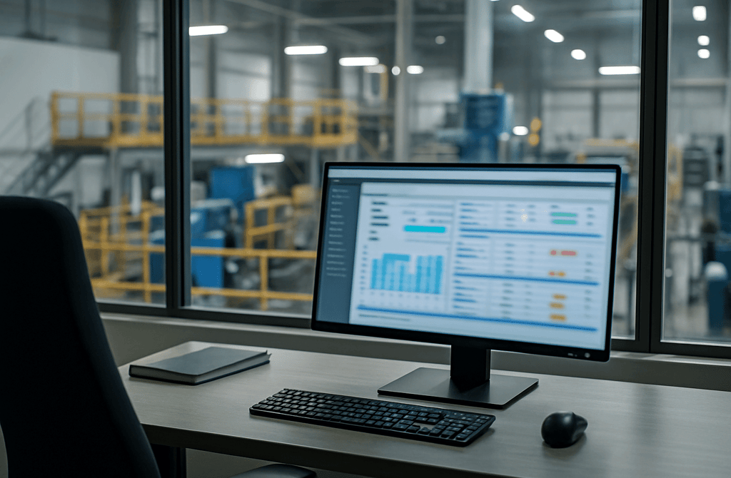 Manufacturing office workstation overlooking a factory floor with a blurred data dashboard.