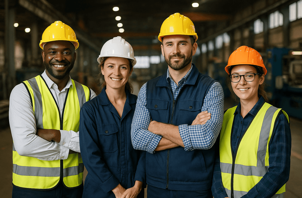 Manufacturing team posing together inside a modern factory.