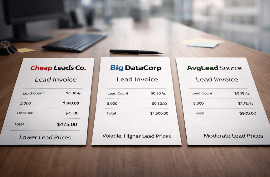 Three lead pricing invoices from different data sources on an office desk showing price differences